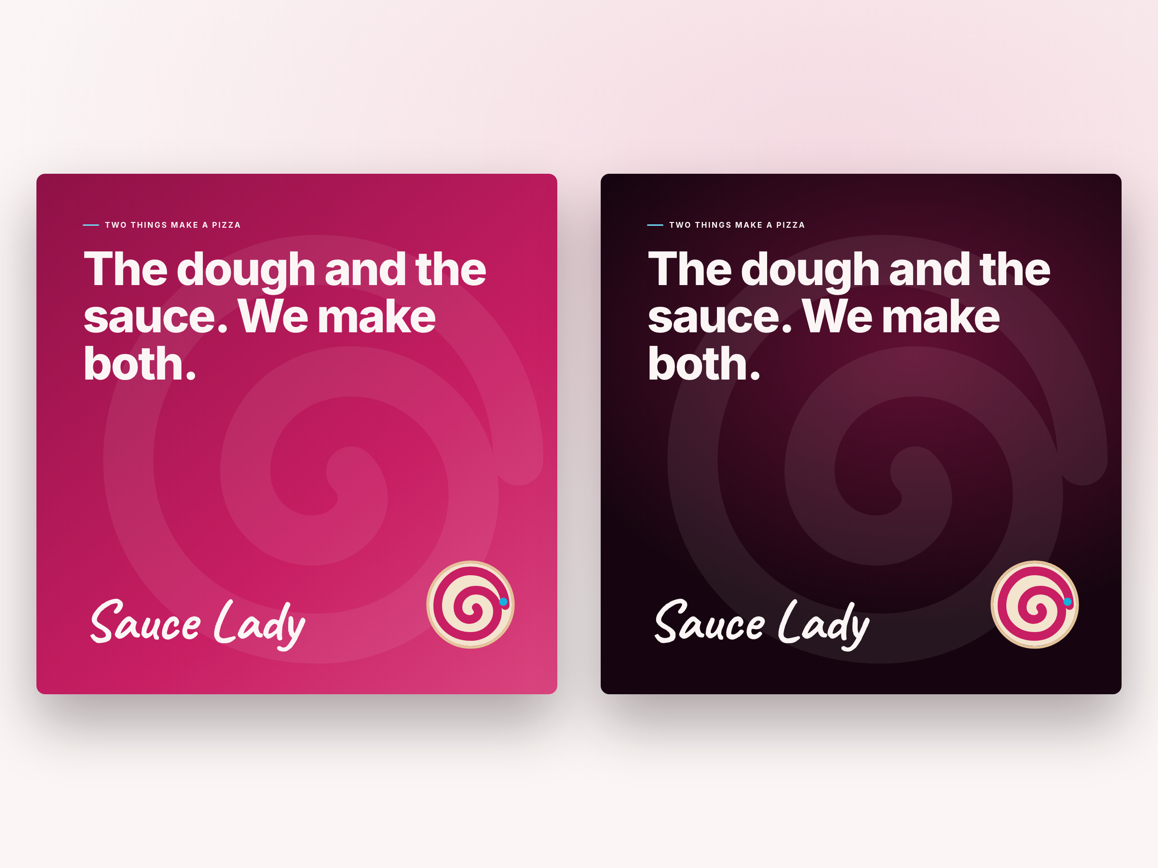 The pizza box in both moods, bright magenta and the mystery dark, each with the lid line and her signature
