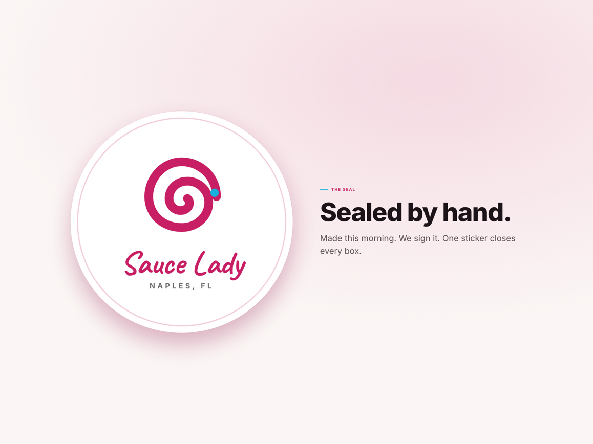 The seal sticker: the spiral on the dough disc with SAUCE LADY, NAPLES FL around the ring