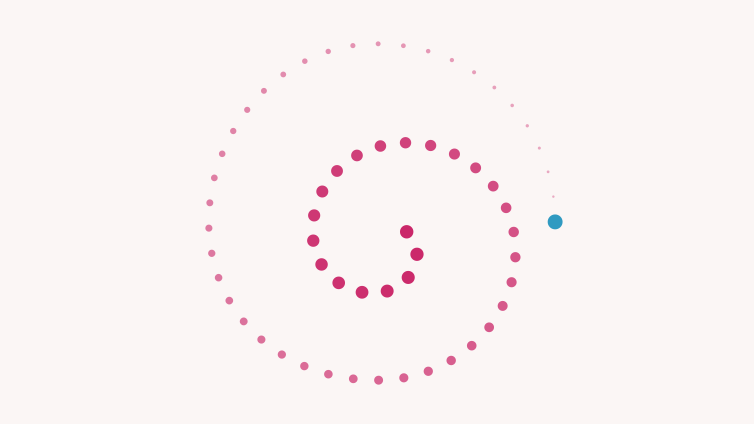 The trail brand art canvas, the spiral drawn as a run of dots that thin out as the pour lifts