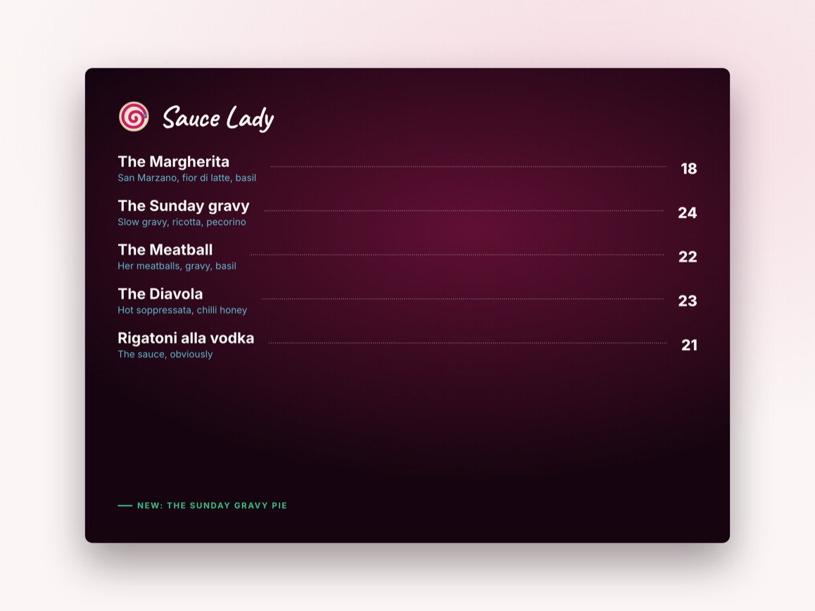 Menu board mockup on Magenta Dark with dotted leaders and one mint chip