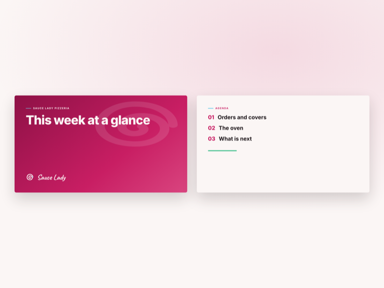 The PowerPoint template: a statement cover, a numbered agenda and one accent a slide